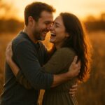 A couple reuniting and embracing in warm sunset light